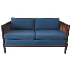 1960s Mid-Century Faux Bamboo and Cane Settee with Blue Linen Upholstery