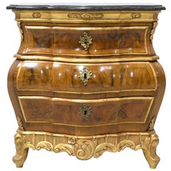 19th Century Rococo-Style Bombe Commode in Walnut w/ Parcel Gilt & Marble