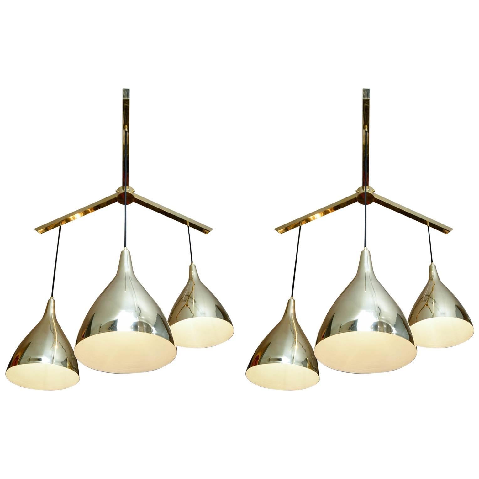 Pair of Large Three Brass Shades Suspensions