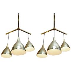 Pair of Large Three Brass Shades Suspensions 2