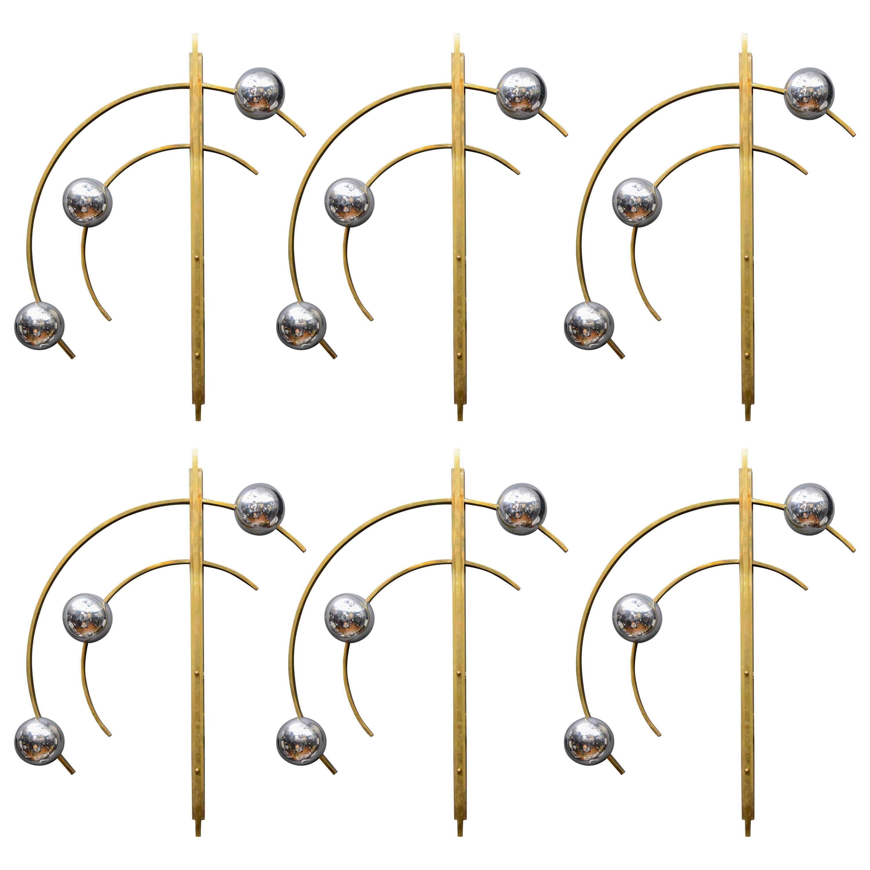 Set of Six Original Brass and Murano Glass Globes Brass Wall Sconces
