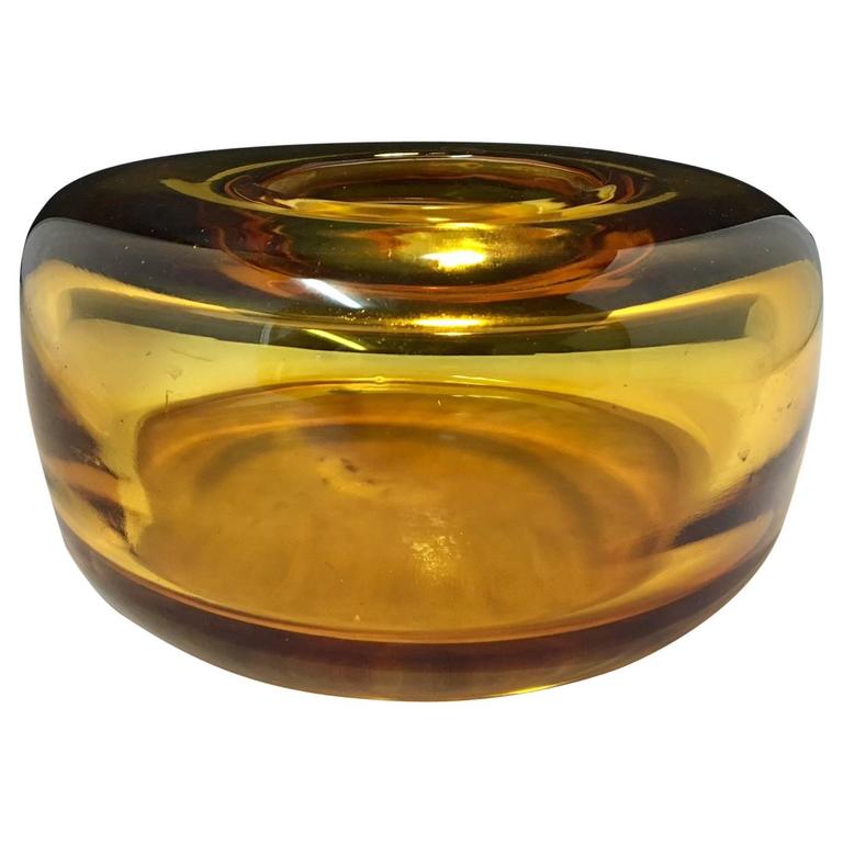 Striking Italian Murano Amber Thick Mouth Blown Glass Centerpiece Bowl at 1stDibs