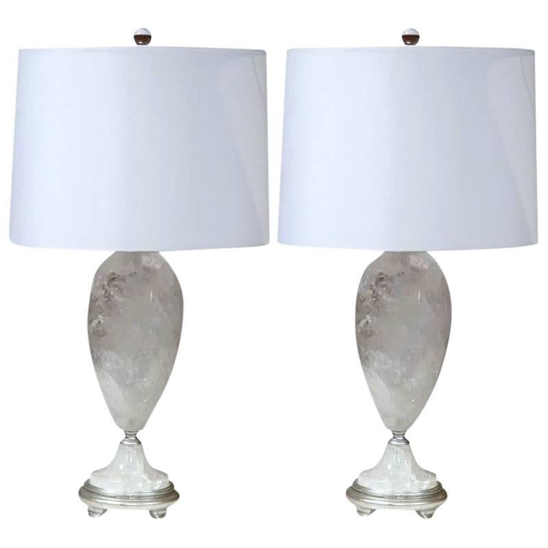 Pair of Rock Crystal Table Lamps from Brazil with Round Shades and Finials