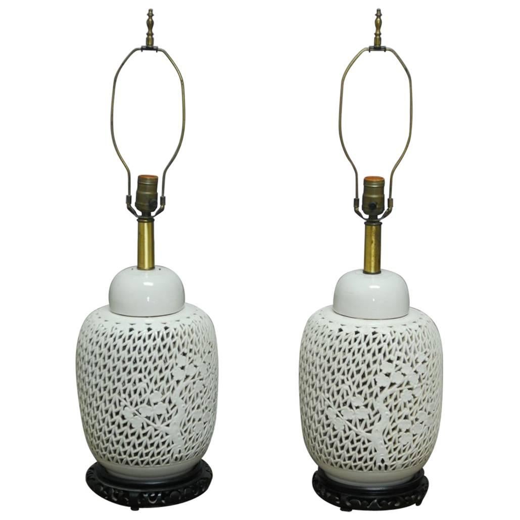 Pair of Blanc de Chine Reticulated Vase Table Lamps
