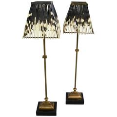 Pair of Tall Late 20th Century Brass & Granite Lamps with Porcupine Quill Shades