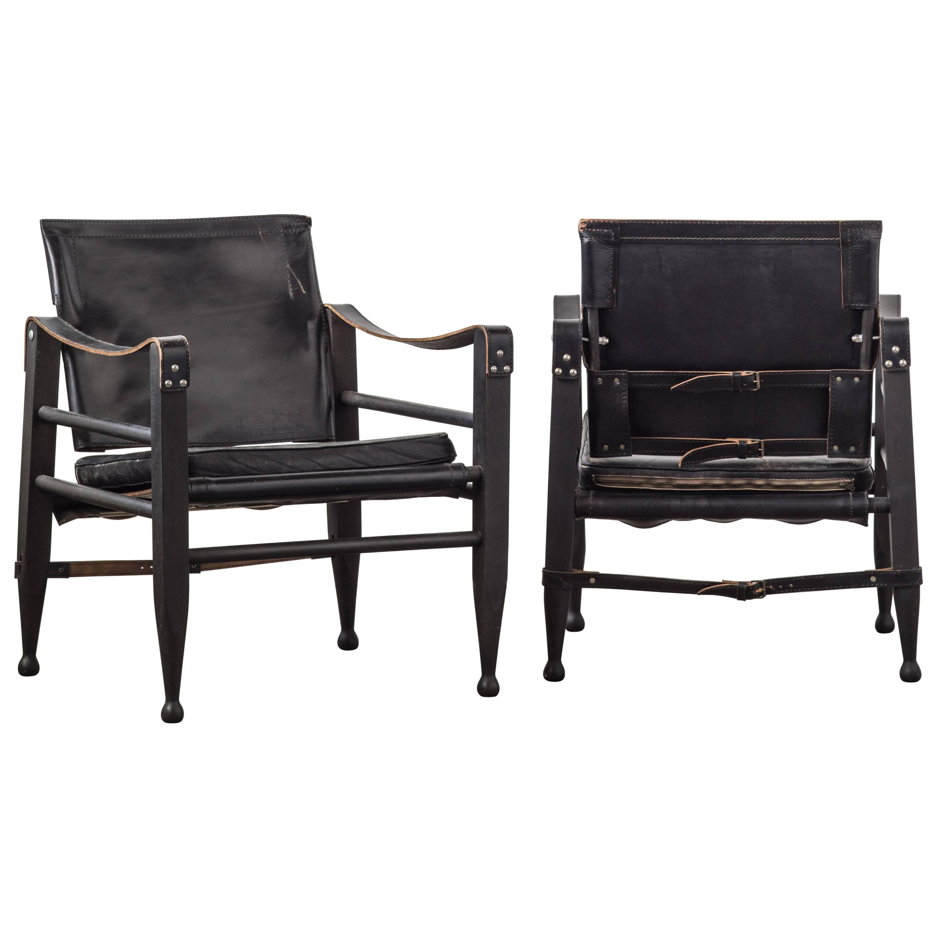 Pair of Black Leather Safari Chairs