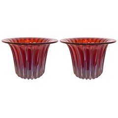 Toso Italian Pair of Huge Golden Ruby Red Murano Glass Vases by Pino Signoretto