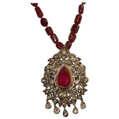 Vintage Ruby and Diamond Pendant with Necklace