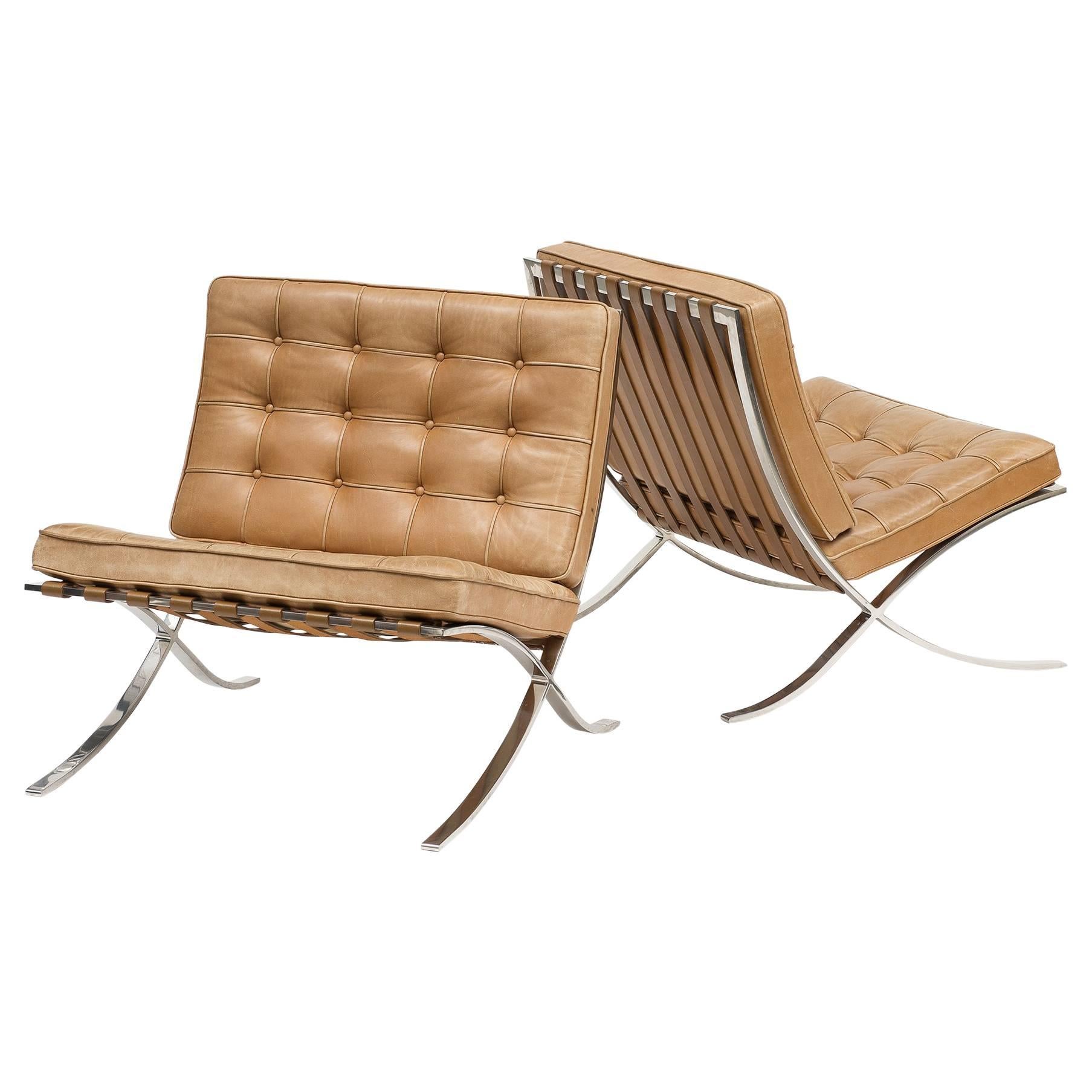 Pair of Barcelona Chairs in Carmel Leather by Mies Van Der Rohe