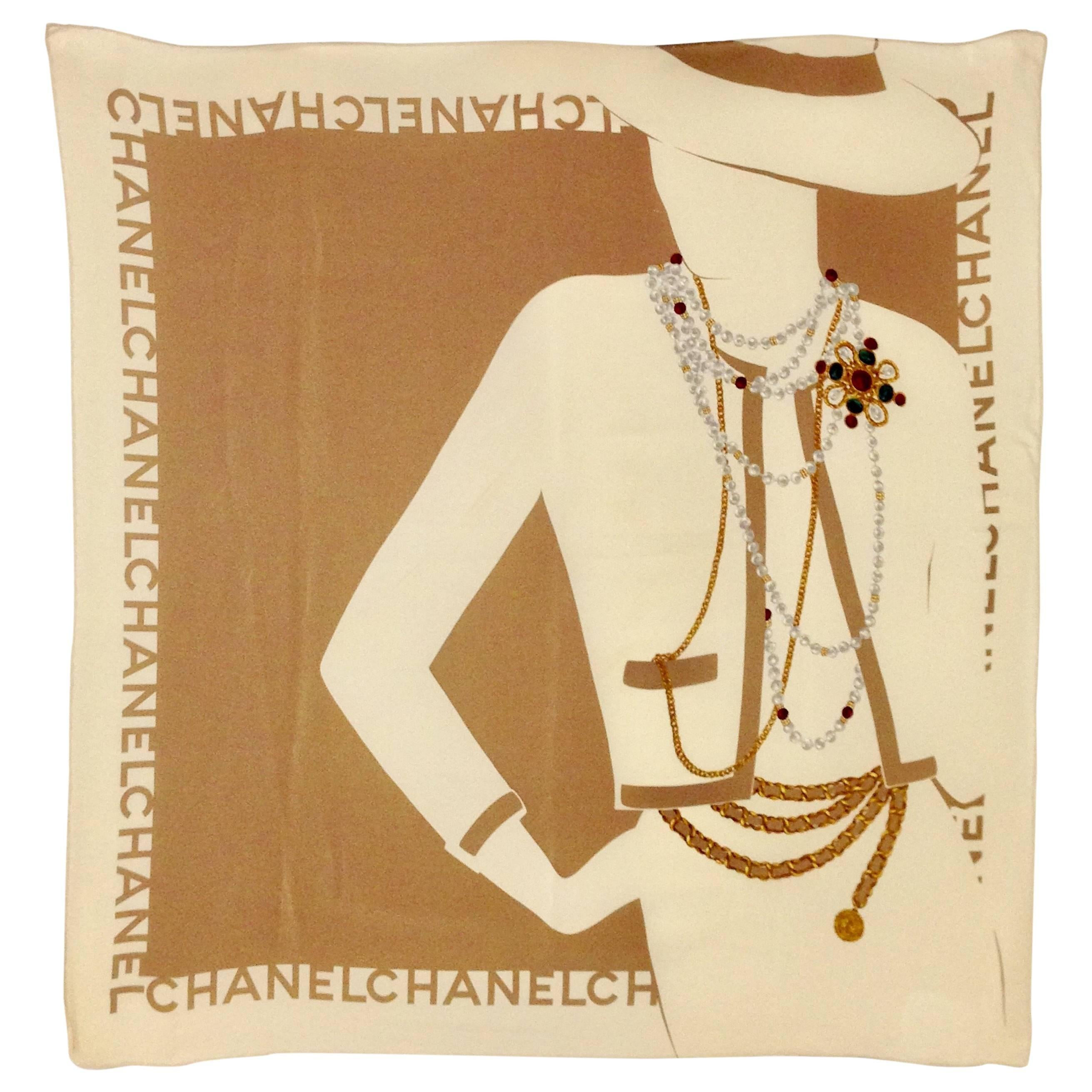 1980s Chanel  France "Coco Portrait" Silk Scarf