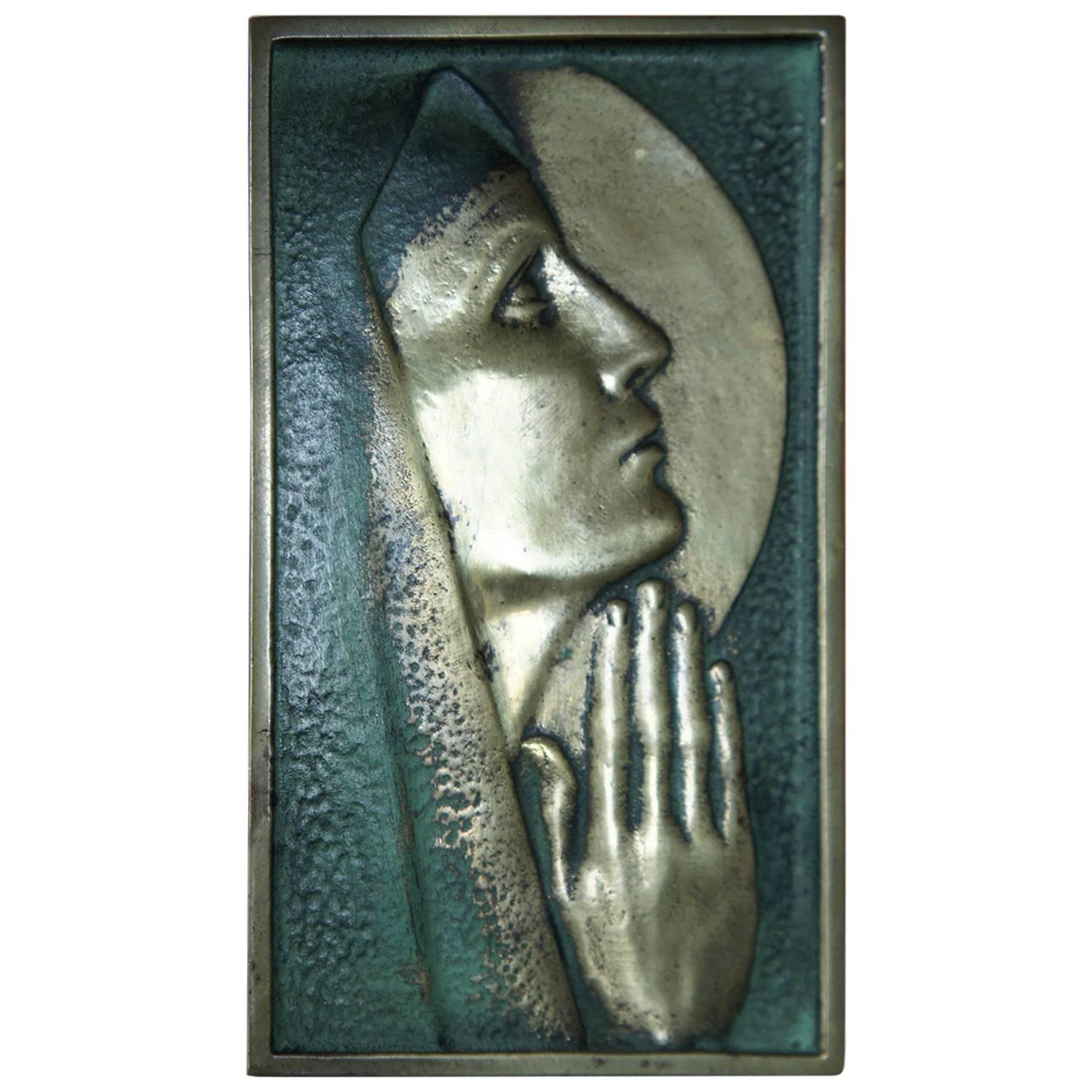 Small Art Deco Bronze Plaque of Madonna in Prayer by Max Le Verrier