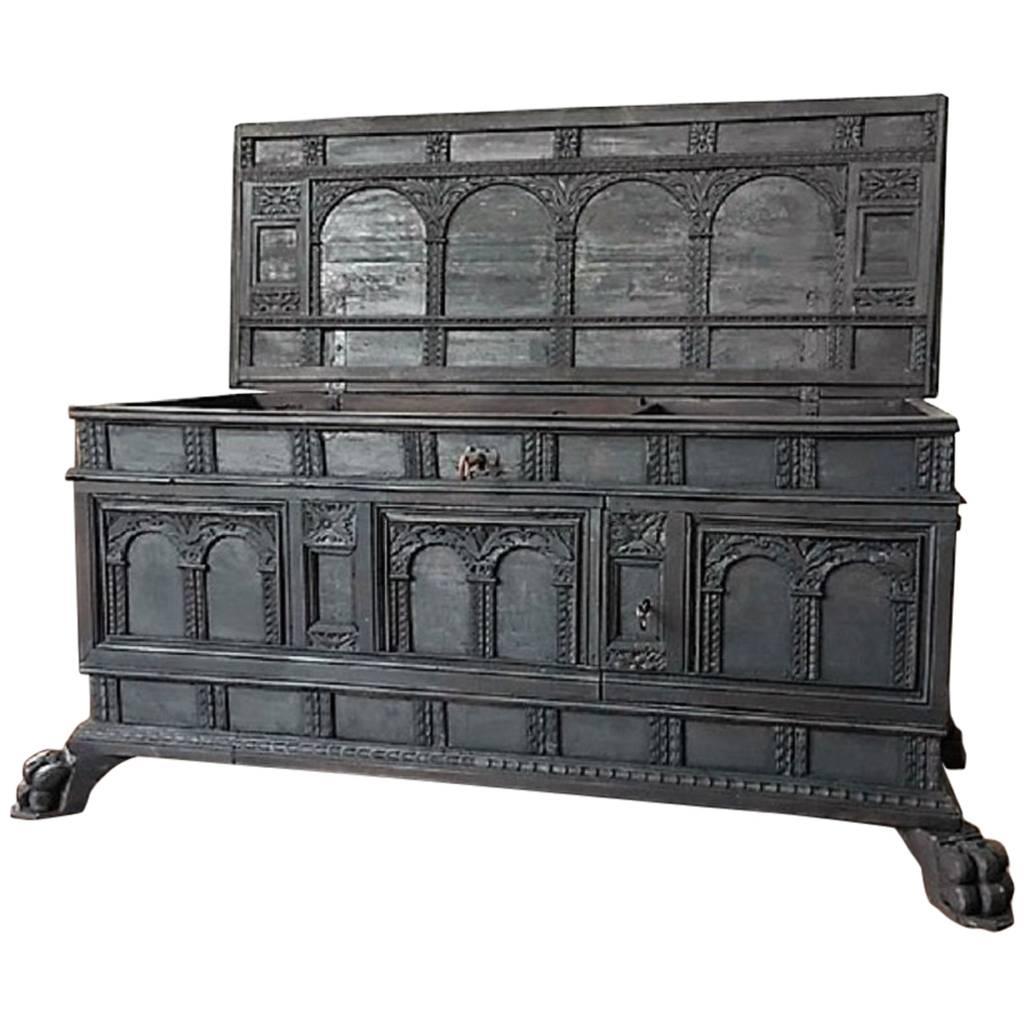 17th Century Italian Carved Cassone Trunk with Inside Carved Raised Panel