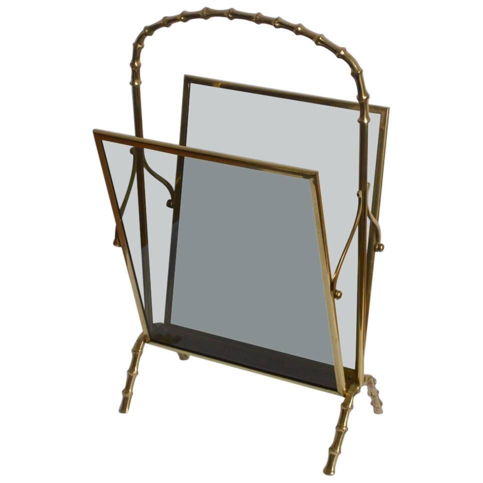 Maison Baguès Brass and Glass Faux Bamboo Magazine Rack For Sale