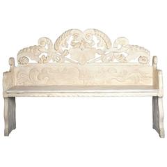 Nice Carved White Lacquered Frisian-Dutch Pine Hall Bench, 18th Century
