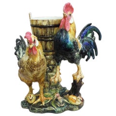 19th Majolica Rooster, Hen & Chicks Vase Massier 