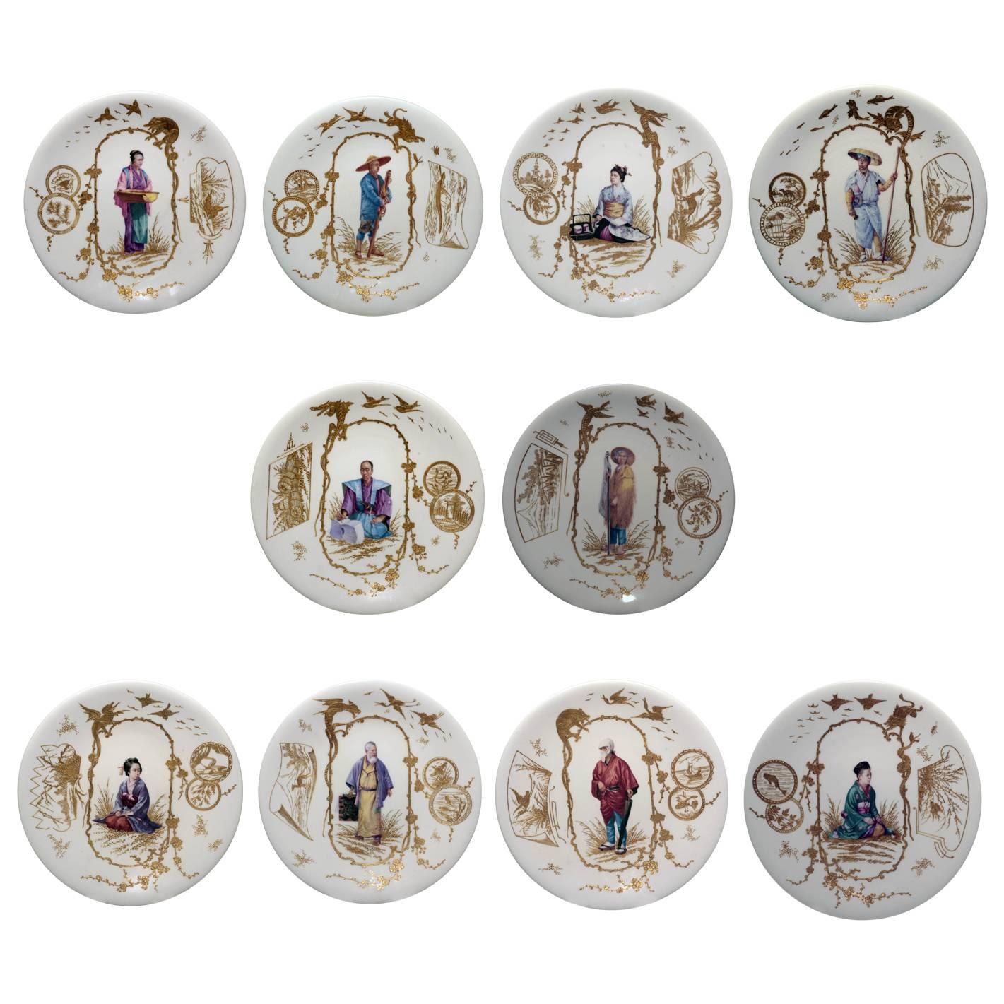 10 French Porcelain Japonaiserie Cabinet Plates Depicting Various Occupationss