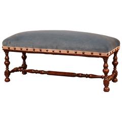 Antique Mid-19th Century French Louis XIII Carved Oak Bench with Blue Velvet and Nails