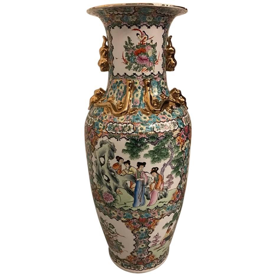 Palace Size Porcelain Vase with Floral Motif and Gold Accents For Sale