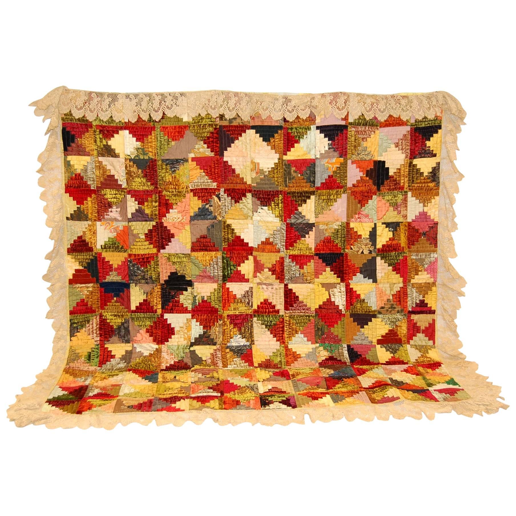 1930s American Log Cabin Pattern Cotton and Silk Quilt with Lace Trim
