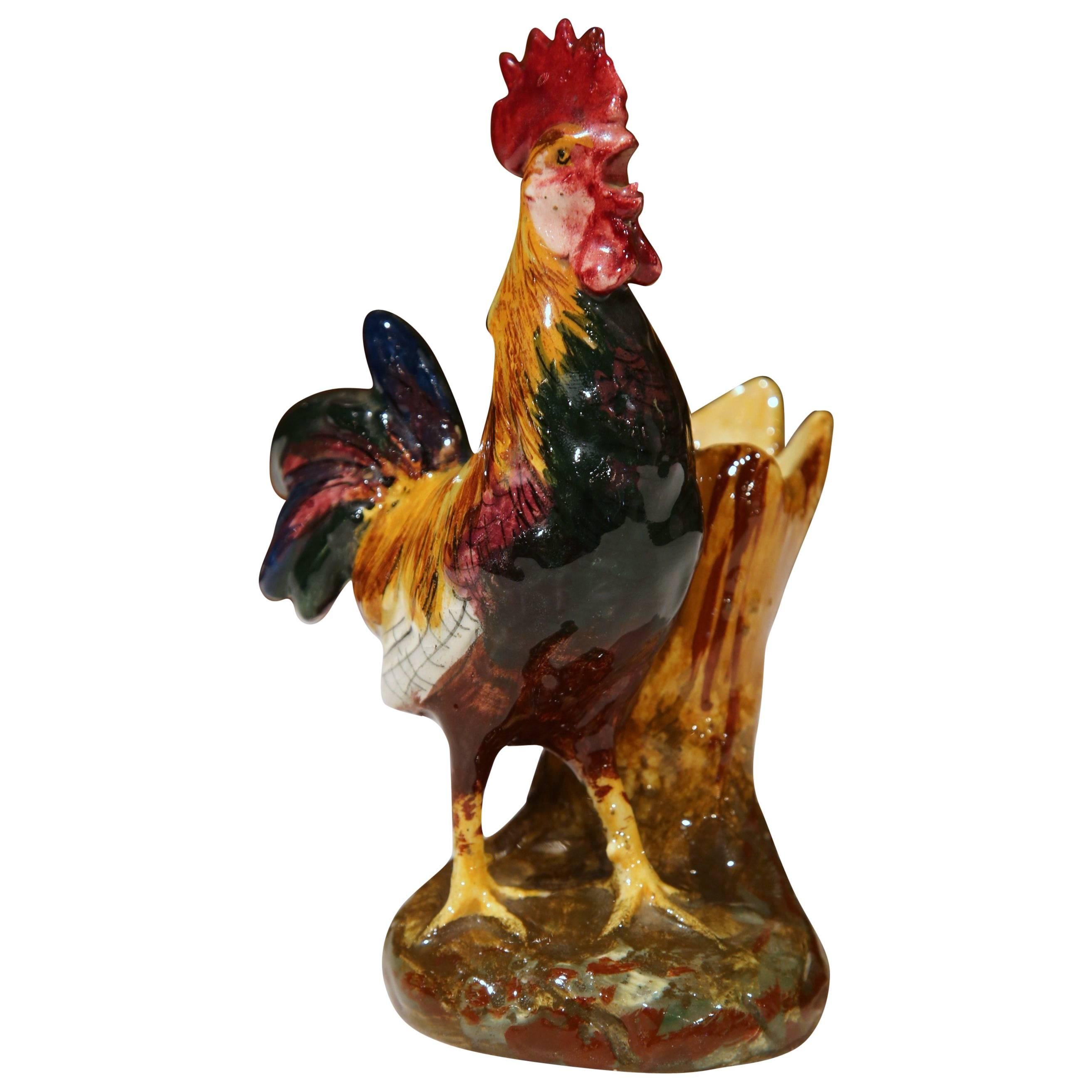 Vase à coq Barbotine du 19ème siècle, peint à la main, signé Jerome Massier