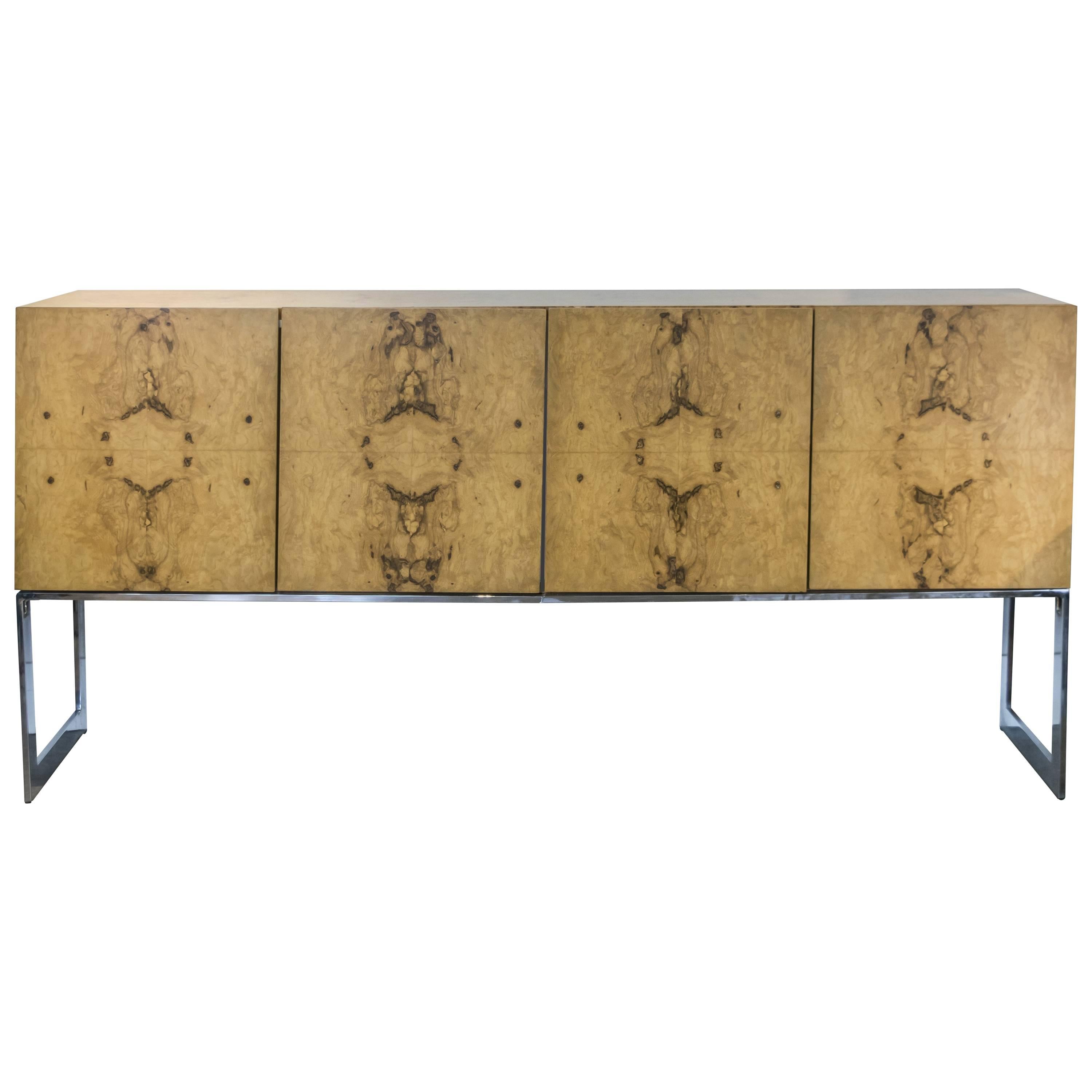 Milo Baughman for Thayer Coggin Olive Burl Wood Credenza with Chrome Base For Sale