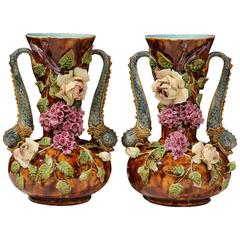 Pair of 19th Century French Hand-Painted Barbotine Vases with Flowers and Leaves