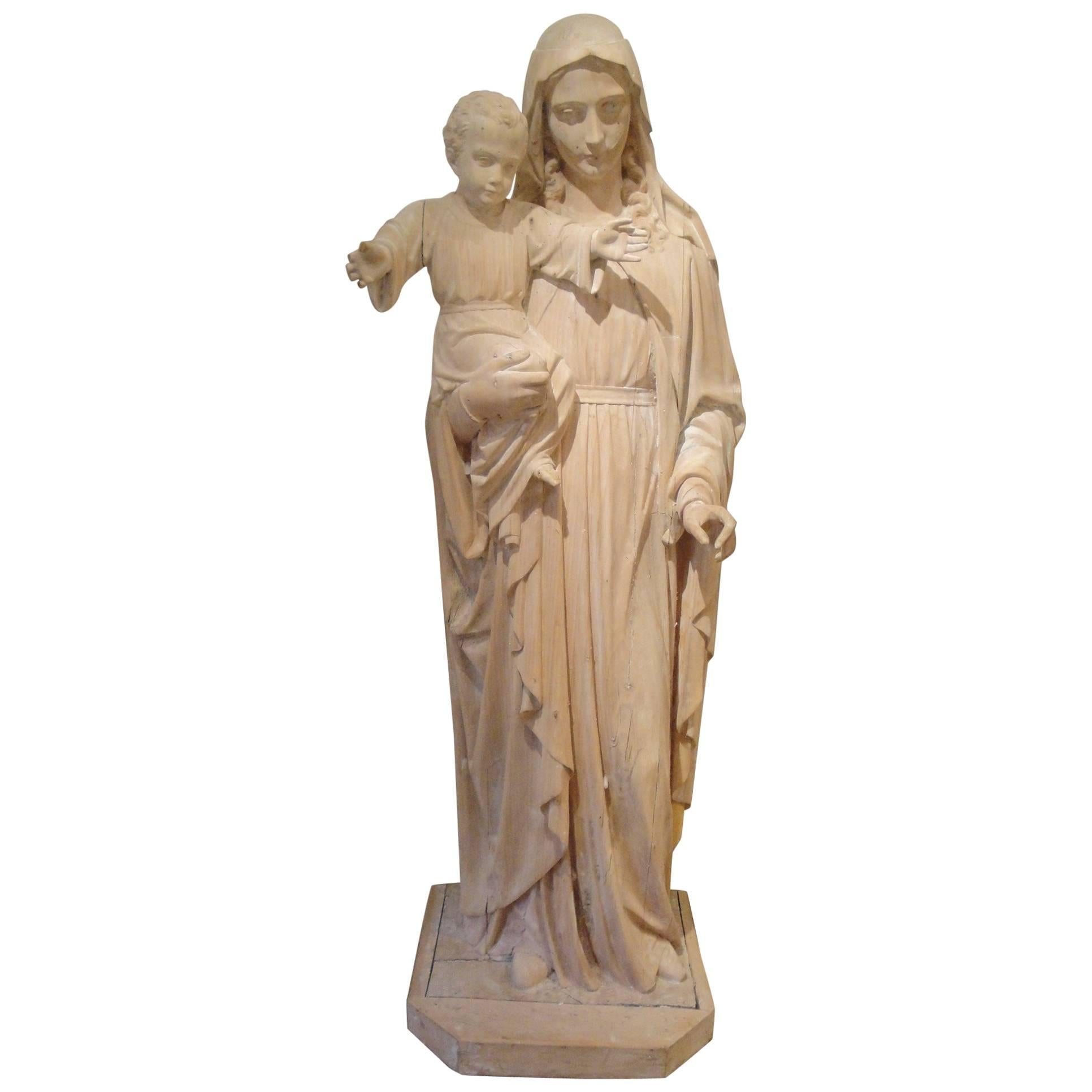 19th Century French Carved Statue of the Virgin and Child For Sale