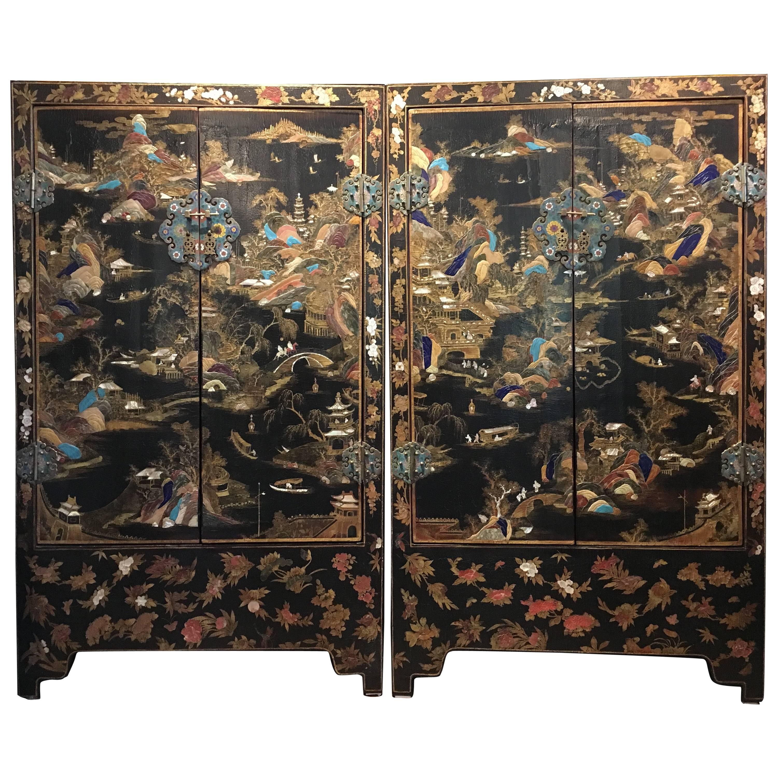 Pair of Chinese Qing Dynasty Lacquer Painted and Hardstone Inlaid Cabinets