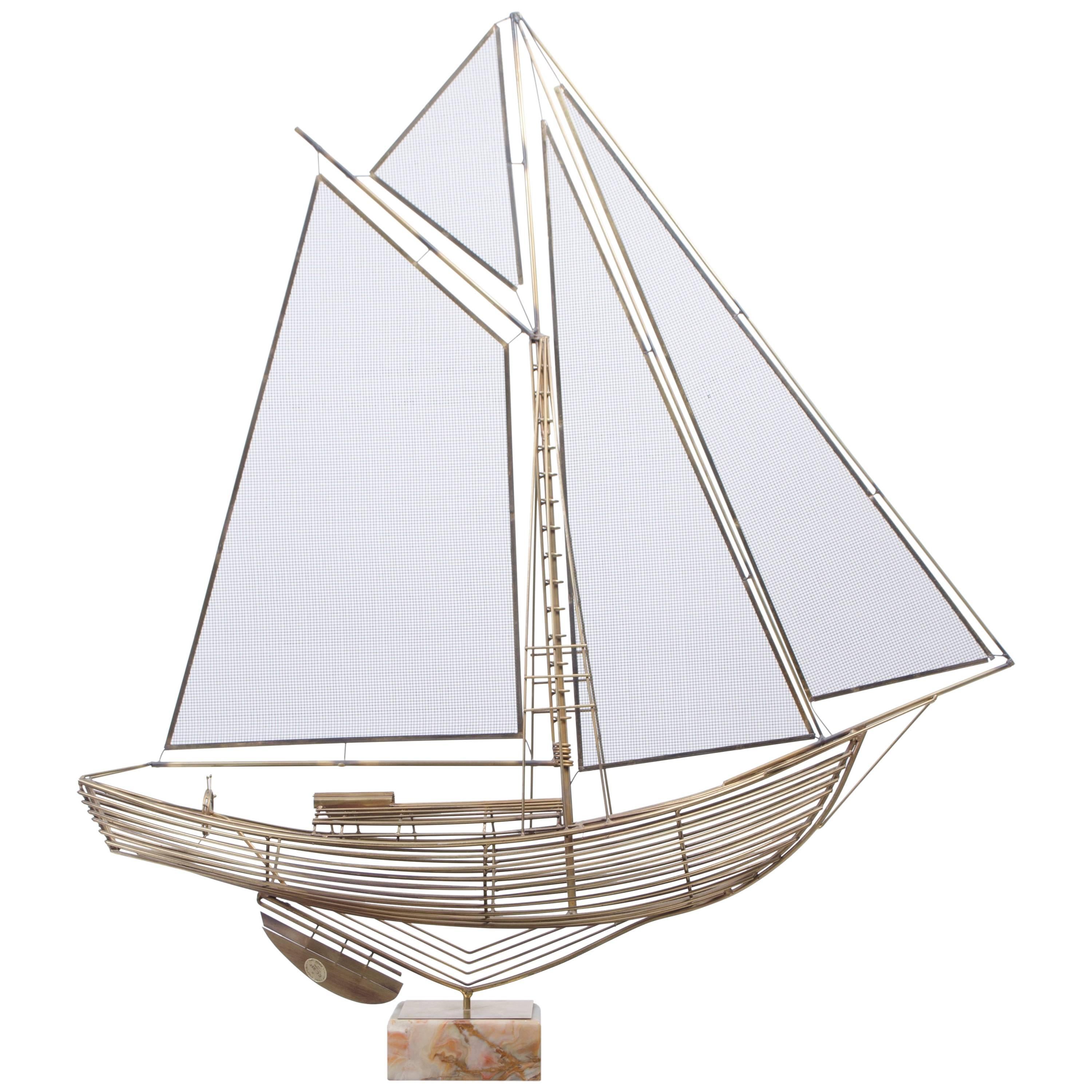 C. Jere Brass Sailboat Model with Onyx Base