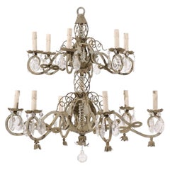 Two-Tiered French Chandelier--Metal + Crystals in Grey Green Color