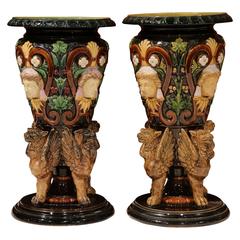 Pair of 20th Century Italian Painted Majolica Vases with Faces and Griffins