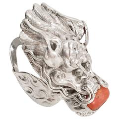Vintage Sterling and Coral Asian Dragon Ring