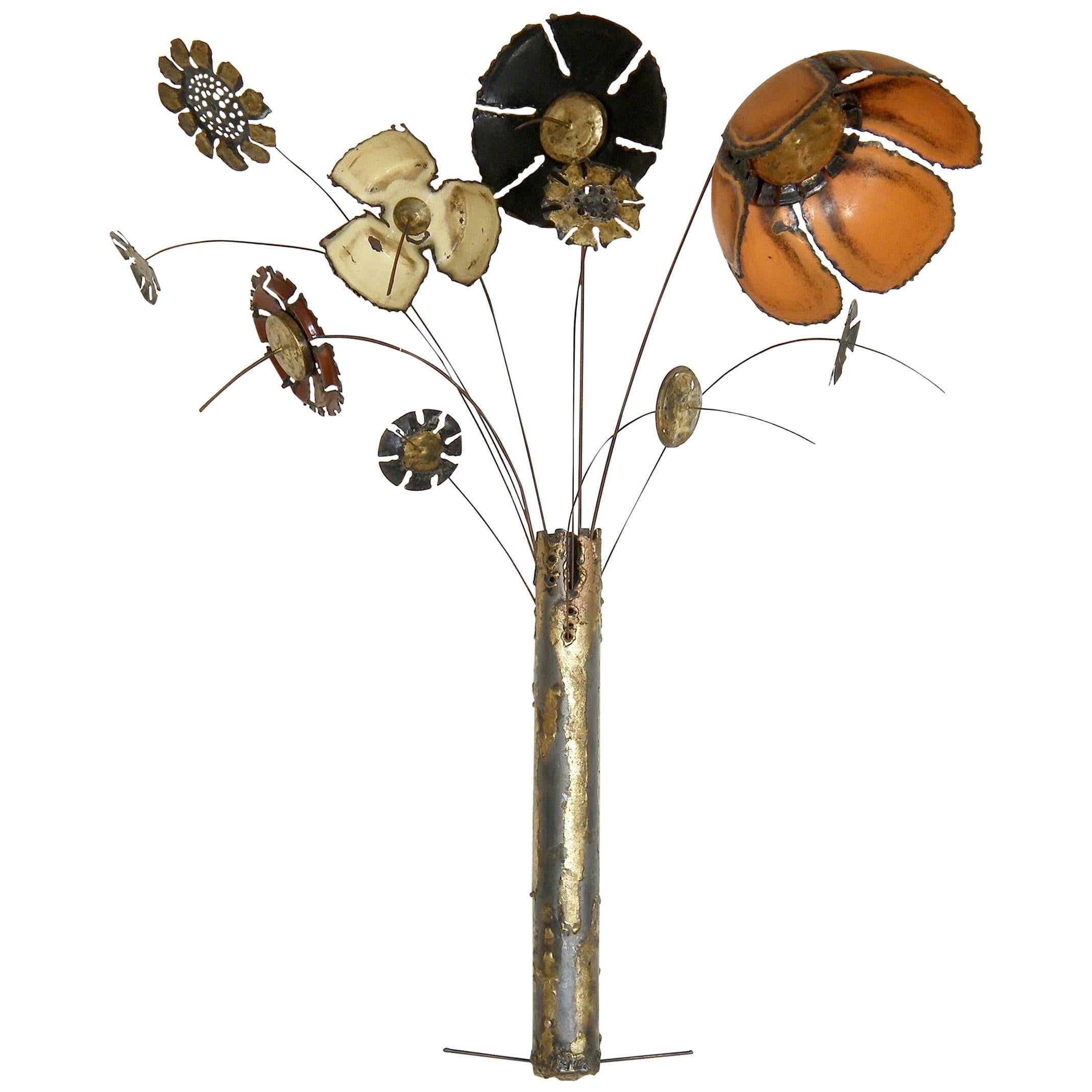 Large Scale Wall Sculpture of Enameled Flowers in a Brutalist Vase