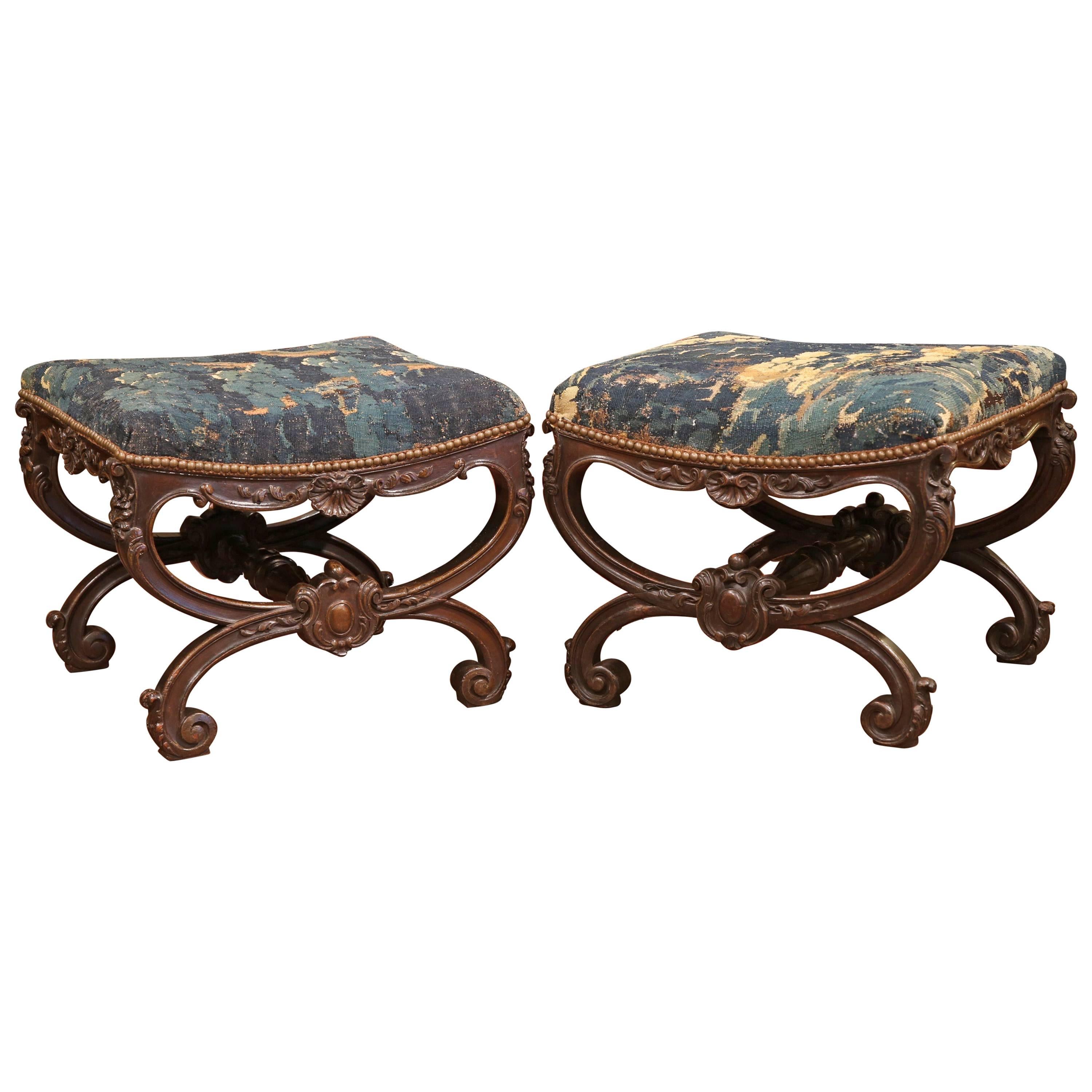 Pair of Early 19th Century French Louis XIV Carved Stools with Aubusson Tapestry