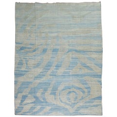 Blue Turkish Kilim Flat-Weave Wool Rug