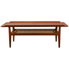 Vintage Danish Teak Coffee Table with Cane Shelf