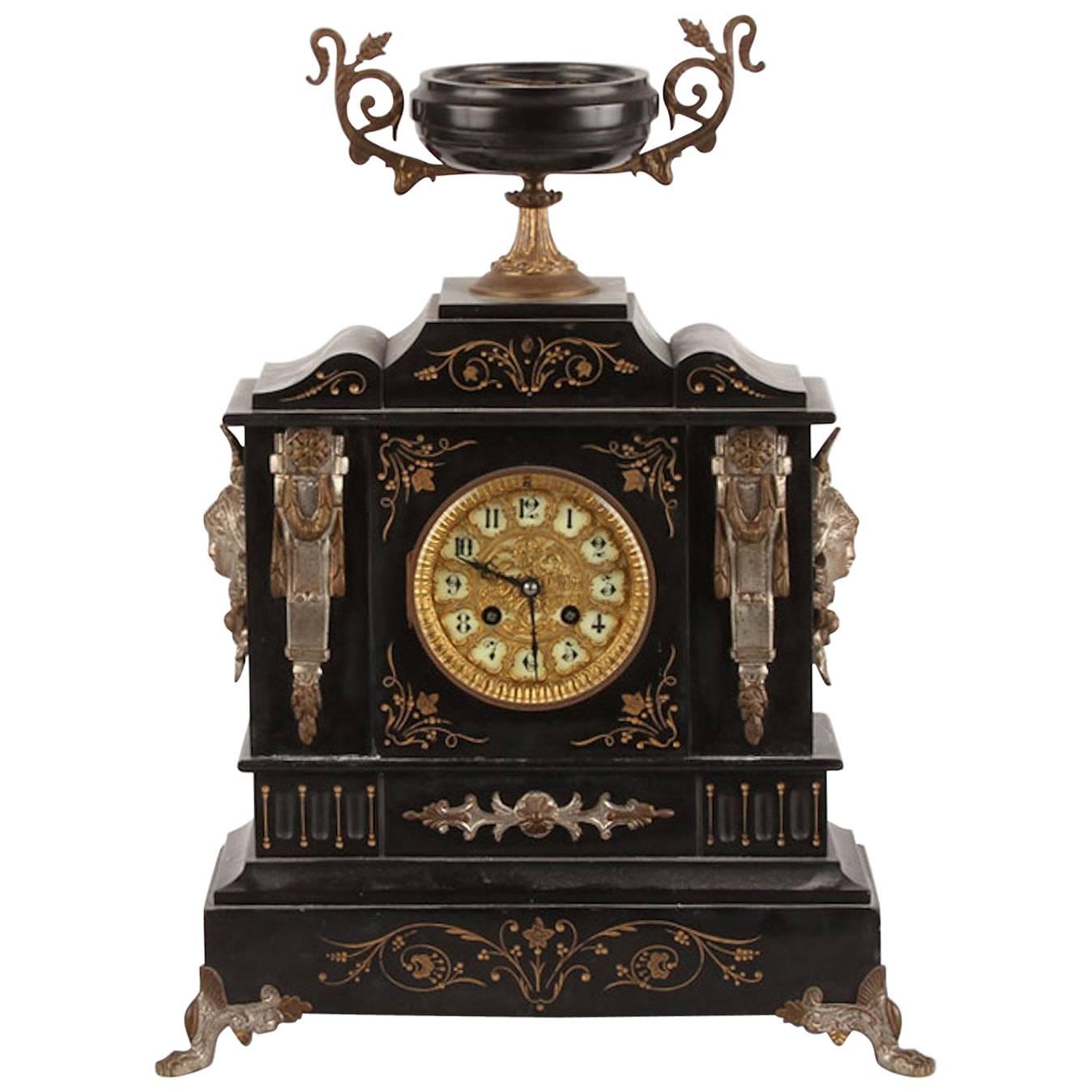 Late 19th Century Black Slate Mantle Clock by Ansonia