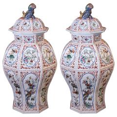Pair of Painted Octagonal Lidded Chinese Jars