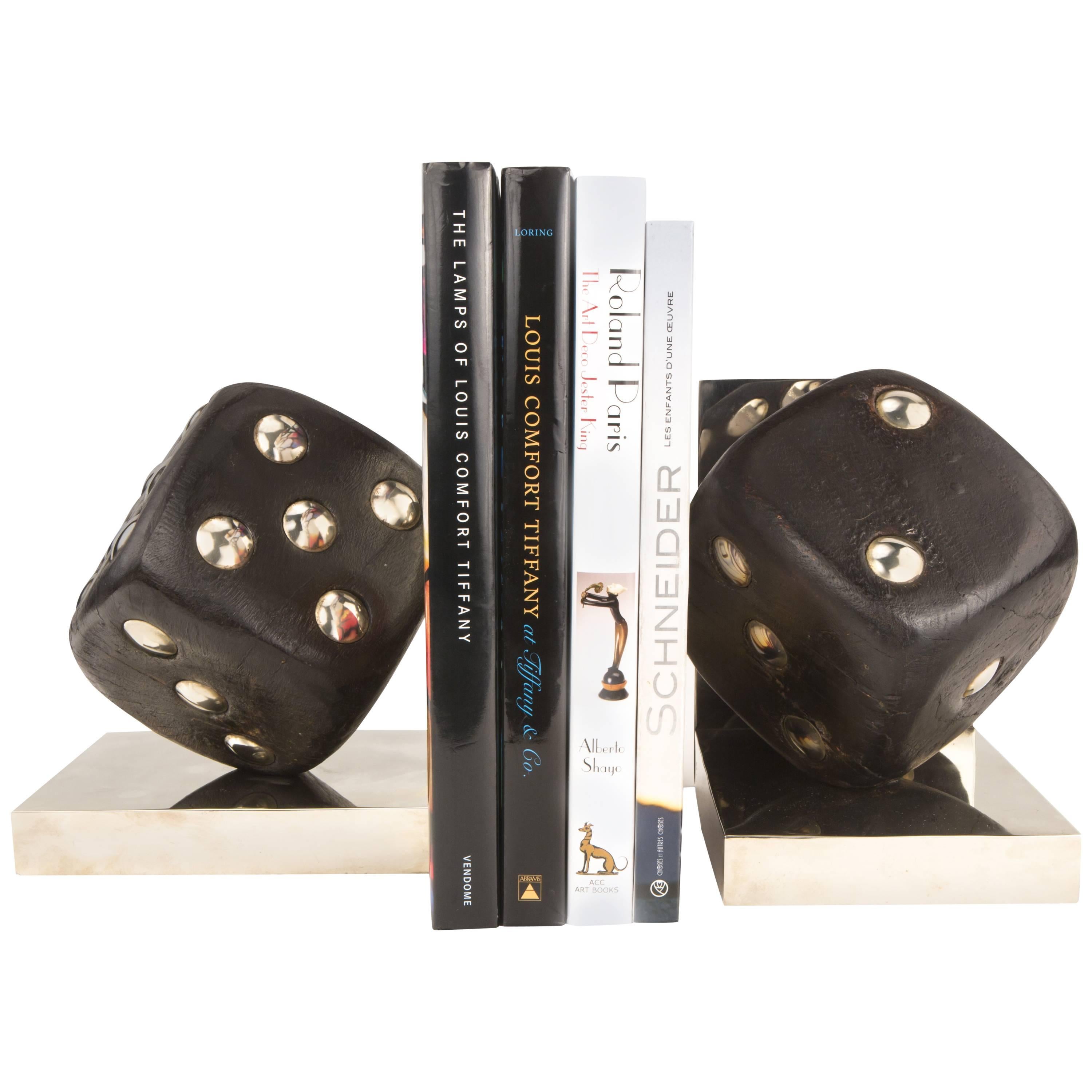 Pair of Rosewood and Inlaid Nickel "High Roller" Bookends For Sale