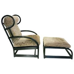 Black Cane Armchair and Stool Attributed to McGuire, 1960