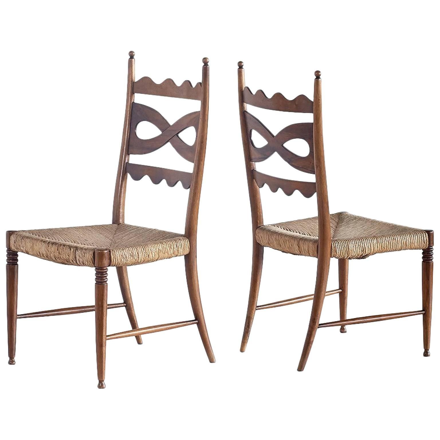 Paolo Buffa Pair of Walnut and Rush High-Back Chairs, Italy, 1940s