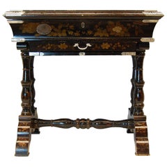 Japan-Lacquered Chinoiserie Scholars or Writing Table w/ Silver Mounts, C. 1860