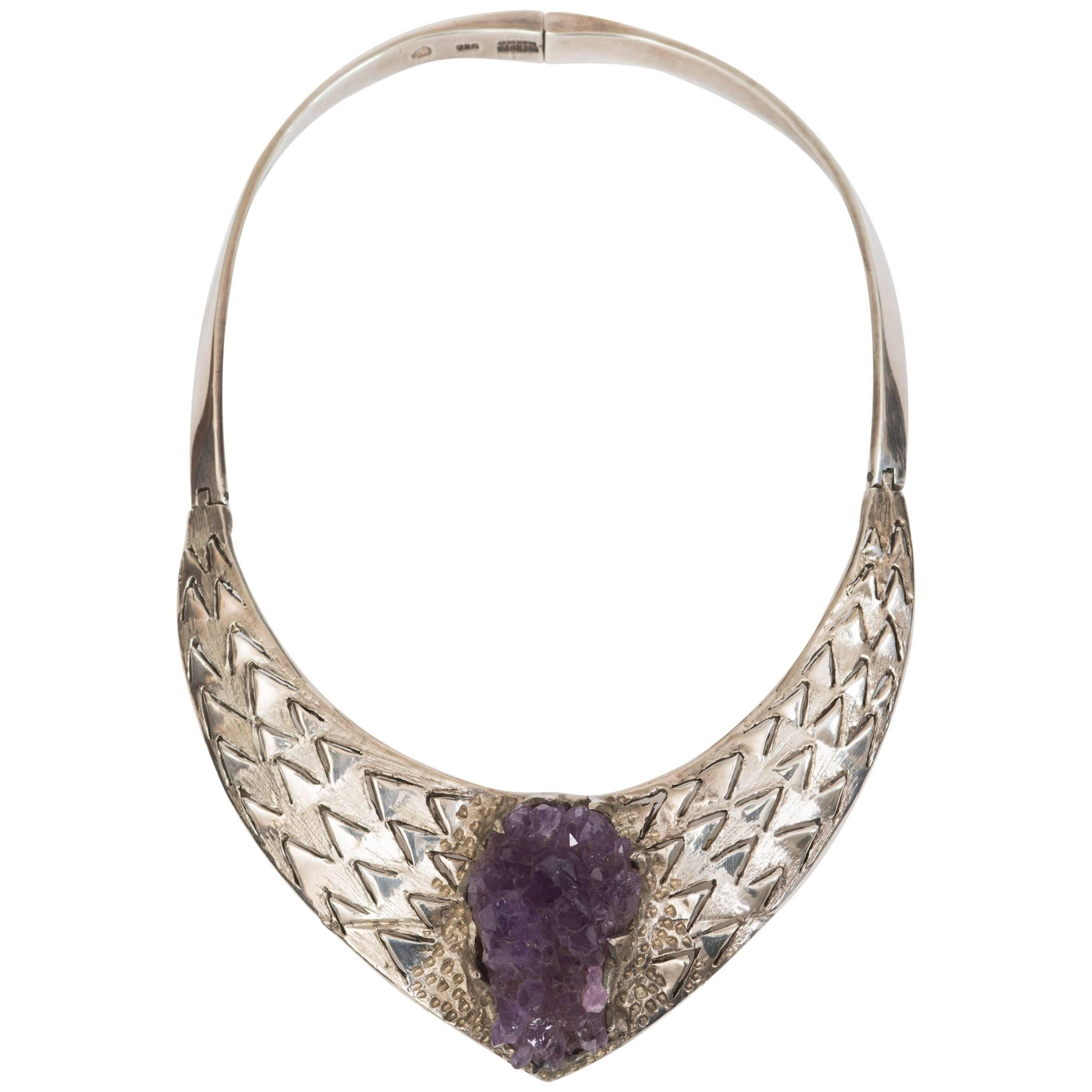 Brutalist 1970s Mexican Silver and Amethyst Necklace by Josefina Zagal