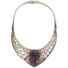 Brutalist 1970s Mexican Silver and Amethyst Necklace by Josefina Zagal