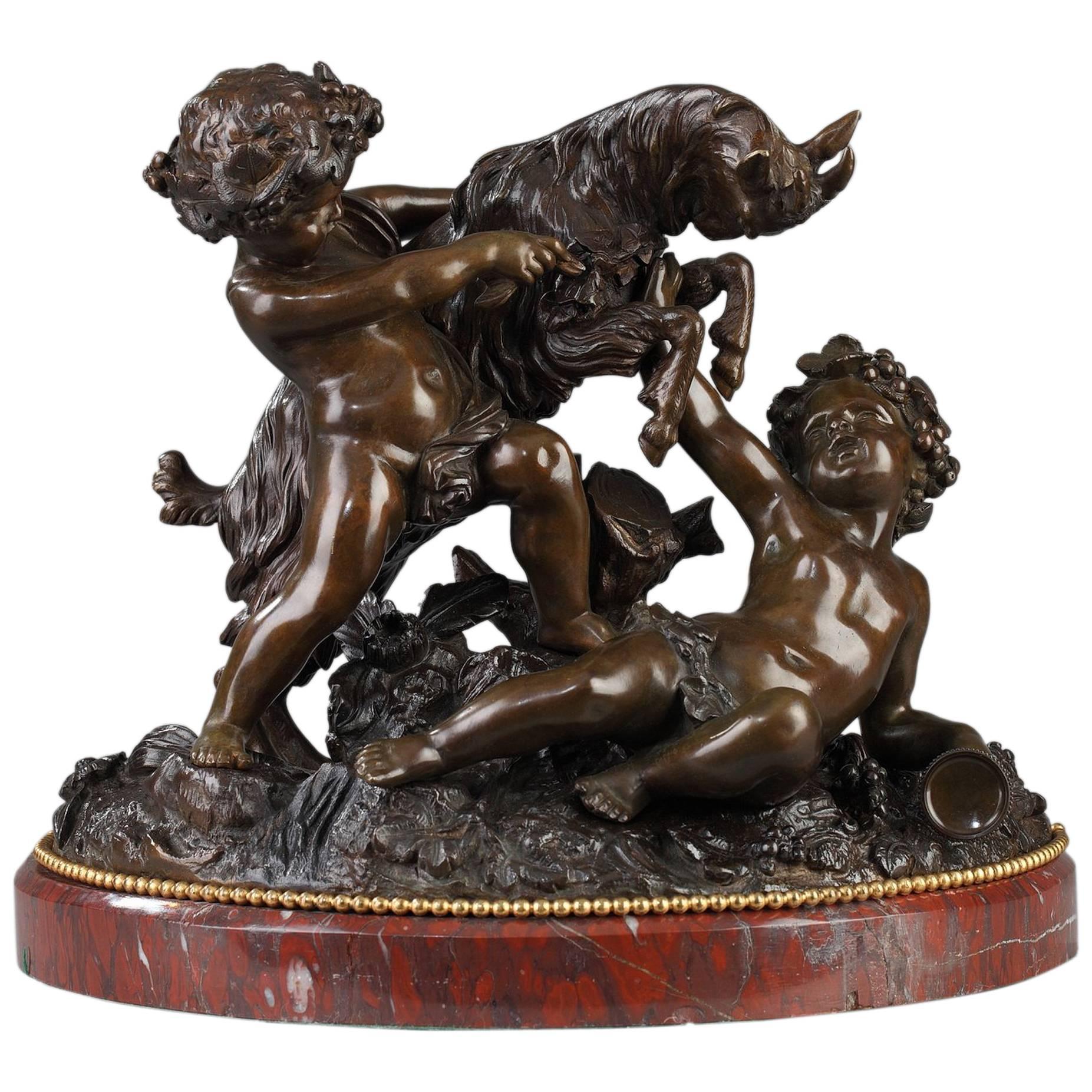 Bronzeskulptur:: Putten:: die mit einem Ziegenbock spielen von Auguste Moreau