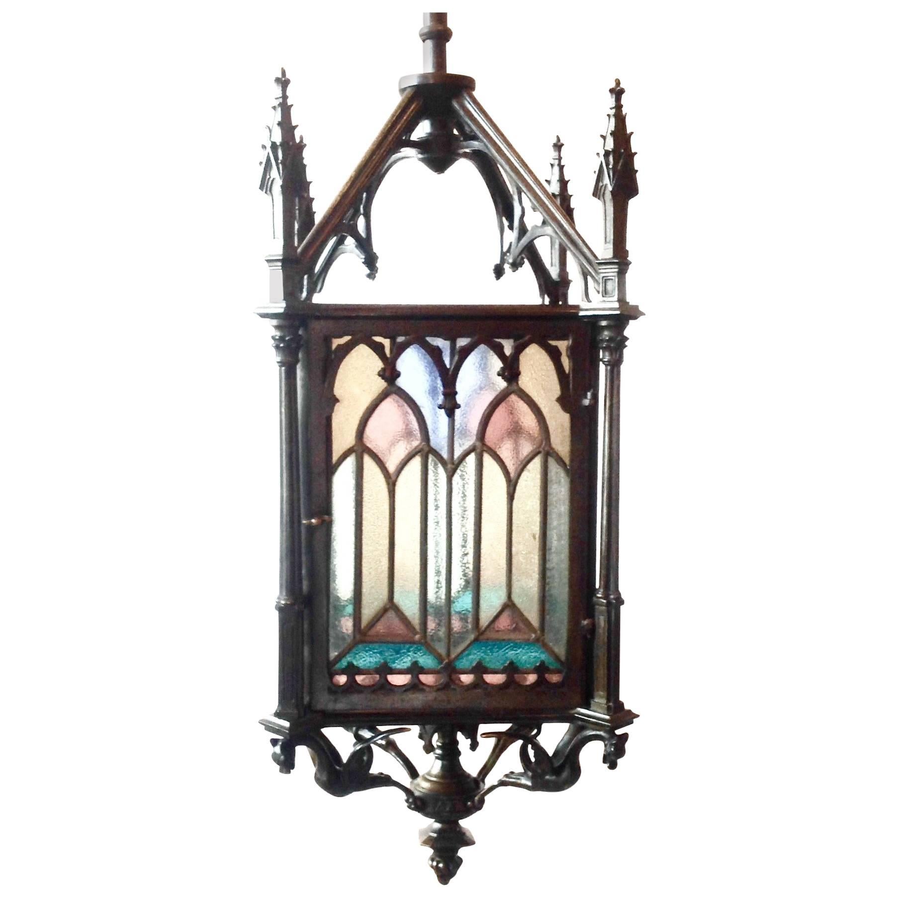 Beautiful Antique French Bronze and Stained Glass Gas Gothic Lantern