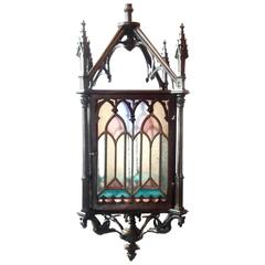 Beautiful Antique French Bronze and Stained Glass Gas Gothic Lantern