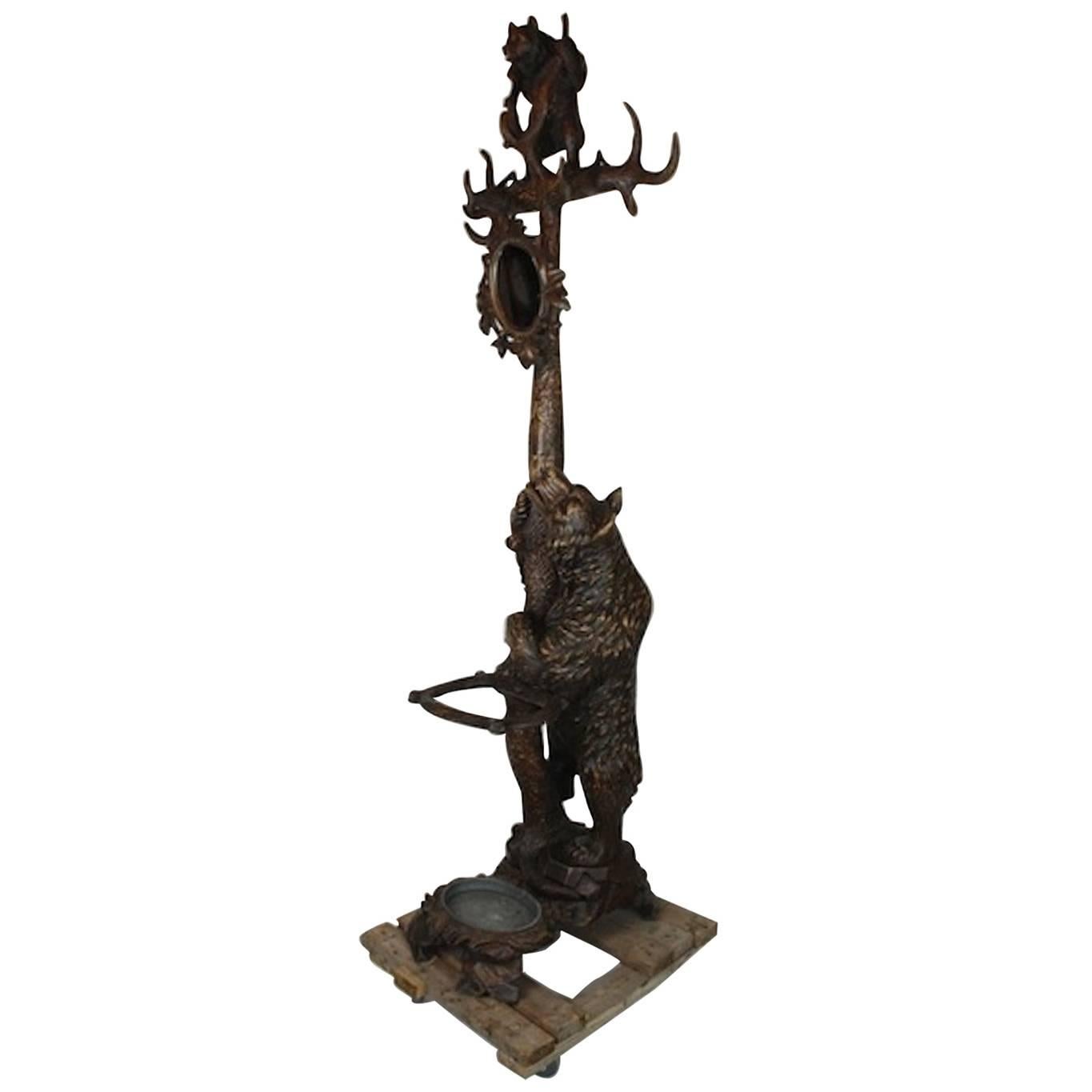 19th Century Black Forest Bear Hall Tree with Umbrella Stand and Mirror For Sale