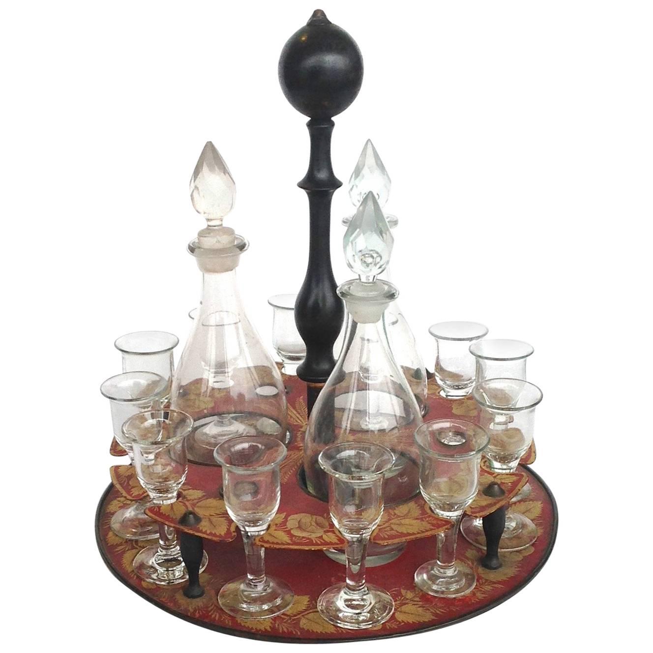 Red Tole Decanter Set, Early 19th Century For Sale