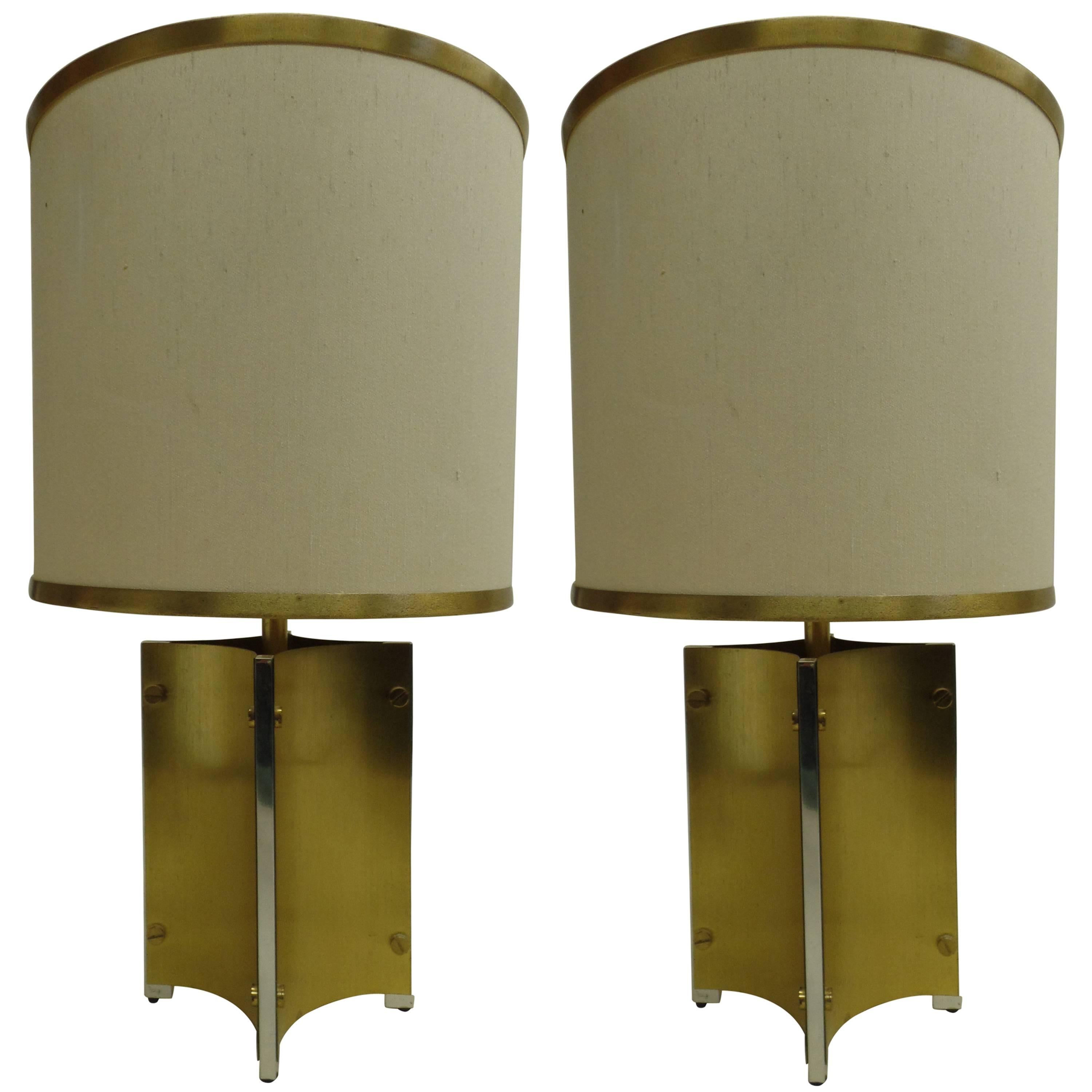 Pair of Italian Midcentury Modern Brass & Steel Table Lamps Attr. to Romeo Rega